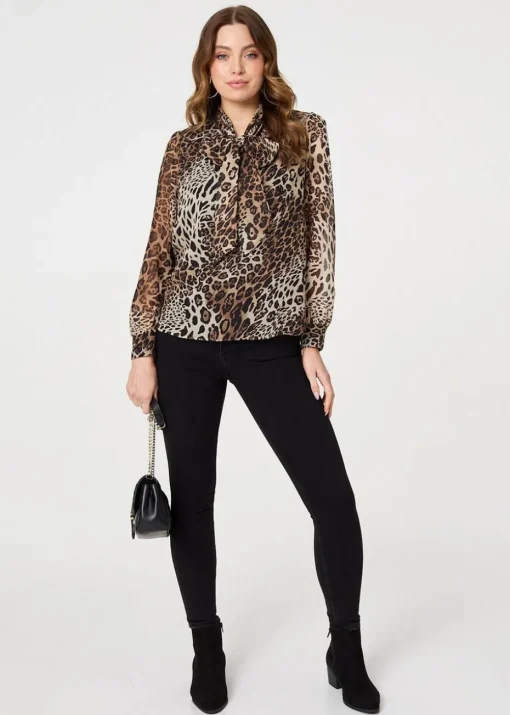 Izabel London Beige Animal Print Tie Neck Long Sleeve Blouse