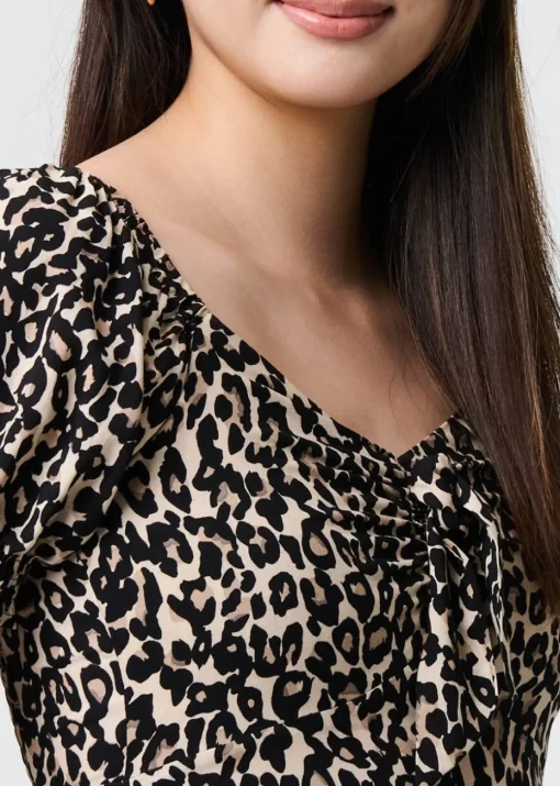 Izabel London Beige Animal Print Short Puff Sleeve Maxi Dress