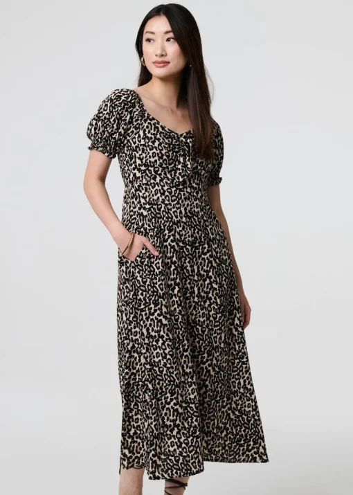 Izabel London Beige Animal Print Short Puff Sleeve Maxi Dress