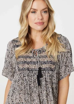 Izabel London Beige Animal Print Knee Length Smock Dress