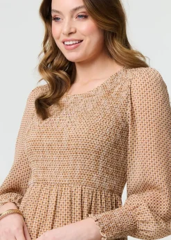 Izabel London Beige Dot Print Semi Sheer Tiered Midi Dress