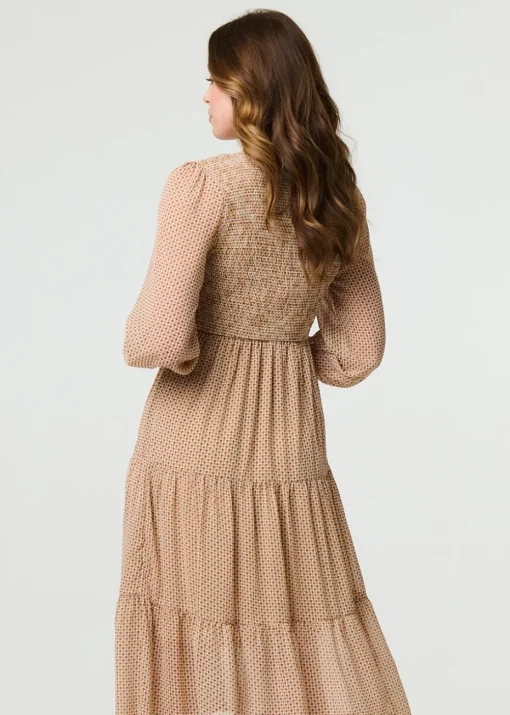 Izabel London Beige Dot Print Semi Sheer Tiered Midi Dress