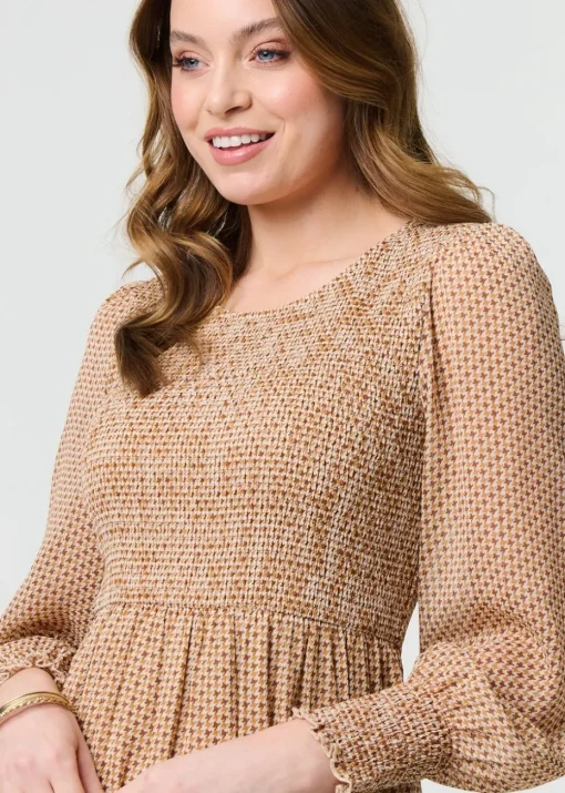 Izabel London Beige Dot Print Semi Sheer Tiered Midi Dress
