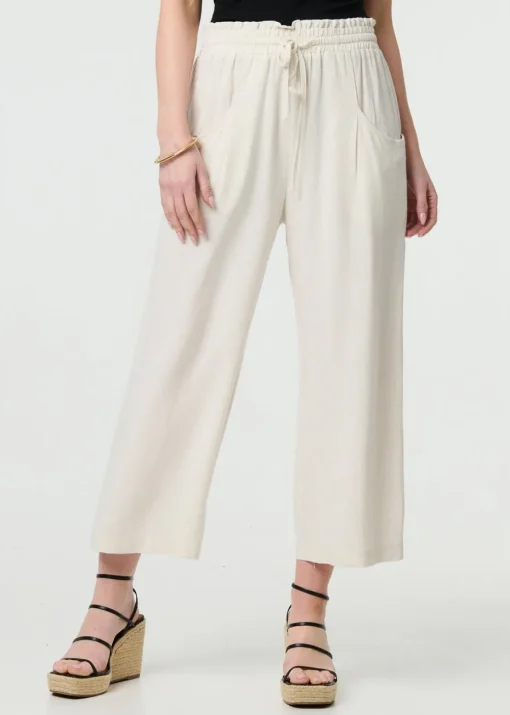 Izabel London Beige Elasticated Waist Crop Wide Leg Trousers