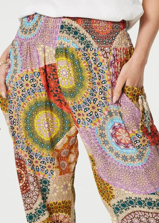 Izabel London Beige Kaleidoscope Print High Rise Harem Pants