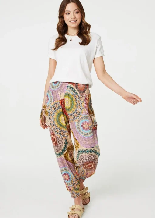 Izabel London Beige Kaleidoscope Print High Rise Harem Pants