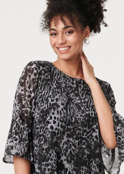 Izabel London Black Animal Print Sheer Pleated Blouse