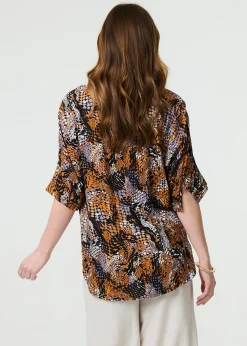 Izabel London Black Animal Print 3/4 Sleeve Relaxed Top