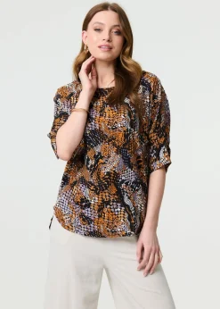 Izabel London Black Animal Print 3/4 Sleeve Relaxed Top