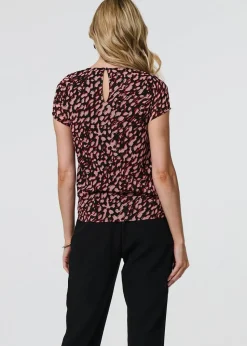 Izabel London Black Animal Print Sparkle Trim Cap Sleeve Top