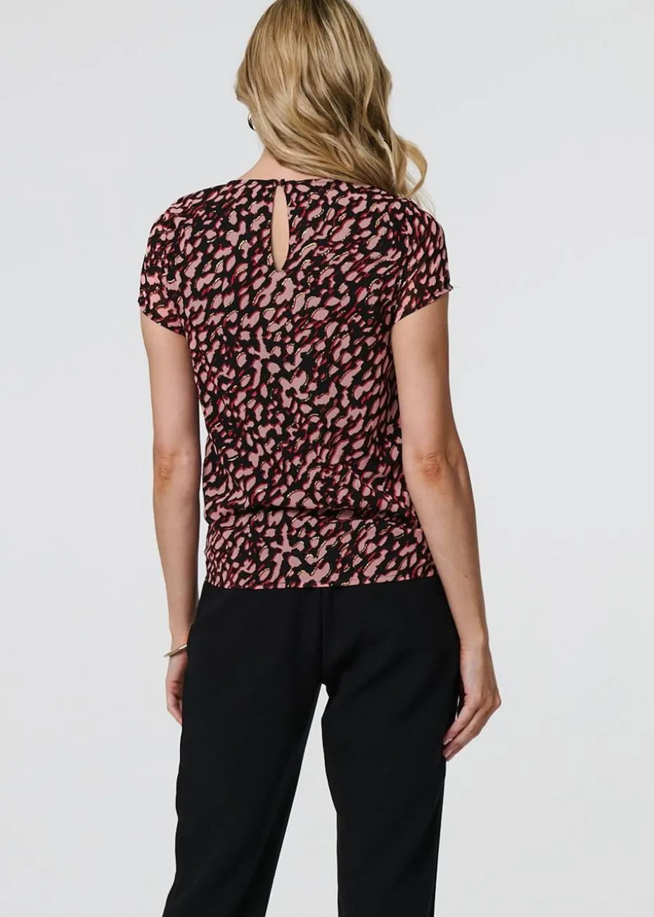 Izabel London Black Animal Print Sparkle Trim Cap Sleeve Top