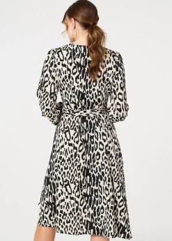 Izabel London Black Animal Print Ruffled Midi Wrap Dress