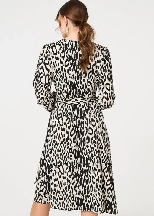 Izabel London Black Animal Print Ruffled Midi Wrap Dress