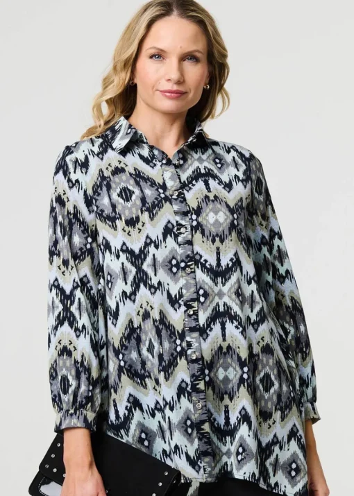 Izabel London Black Aztec Print High Low Long Sleeve Shirt