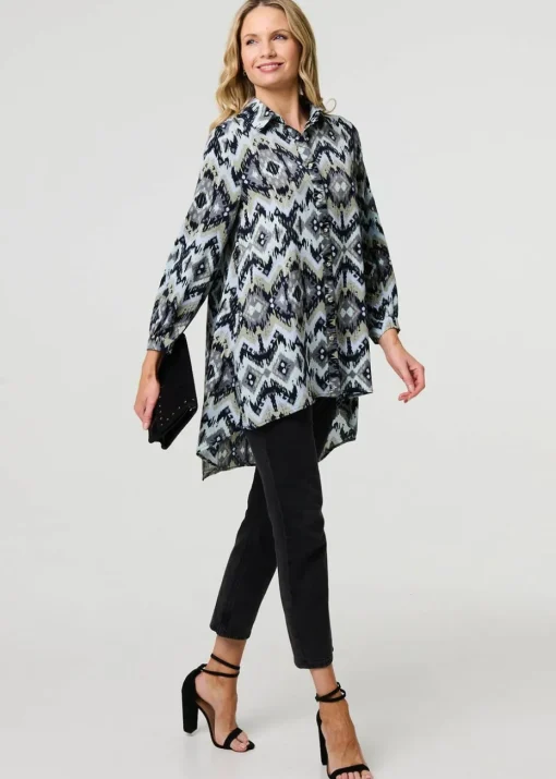 Izabel London Black Aztec Print High Low Long Sleeve Shirt