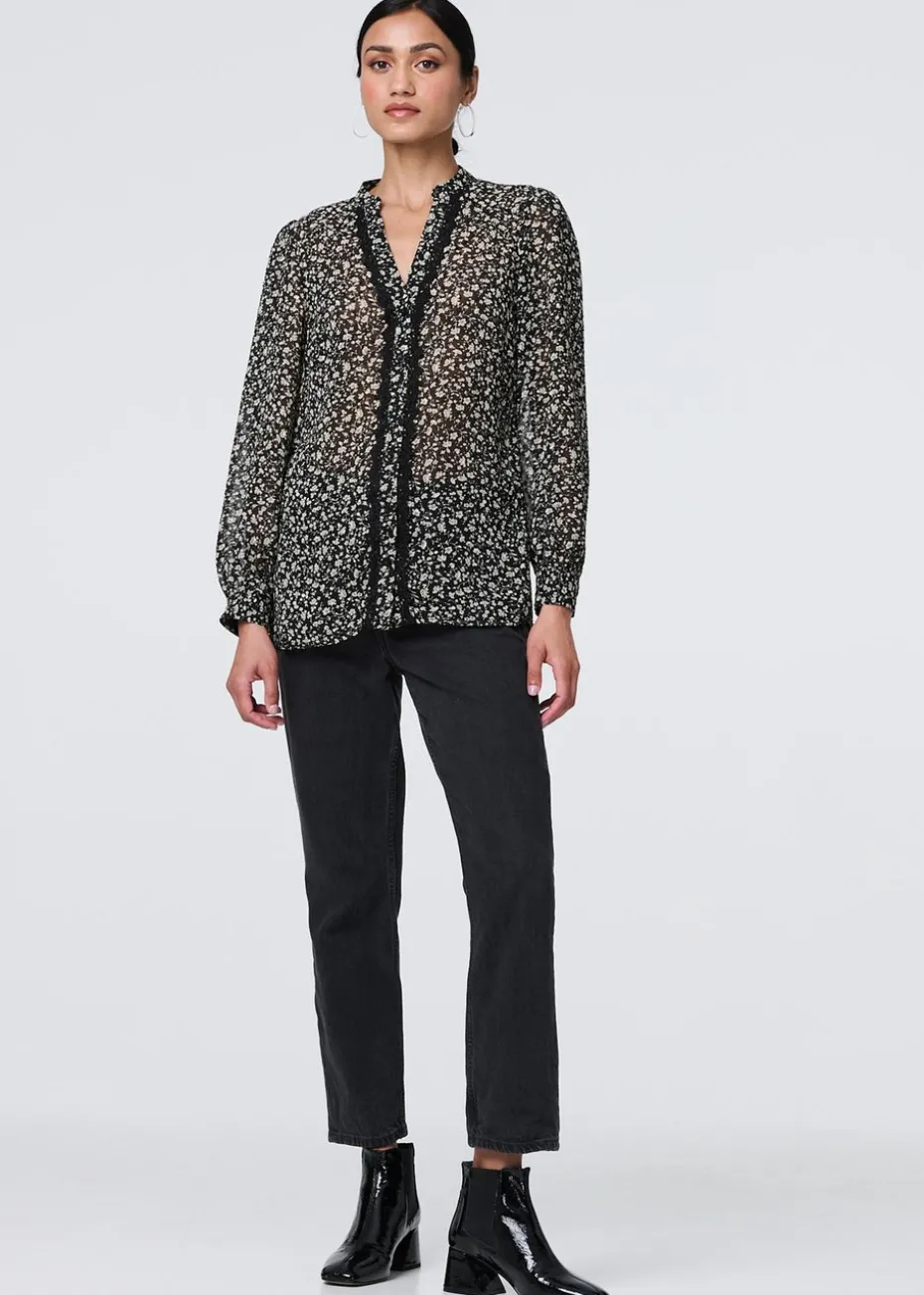 Izabel London Black Ditsy Floral Semi Sheer Long Sleeve Blouse