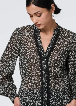 Izabel London Black Ditsy Floral Semi Sheer Long Sleeve Blouse