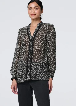Izabel London Black Ditsy Floral Semi Sheer Long Sleeve Blouse