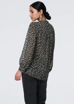 Izabel London Black Ditsy Floral Semi Sheer Long Sleeve Blouse