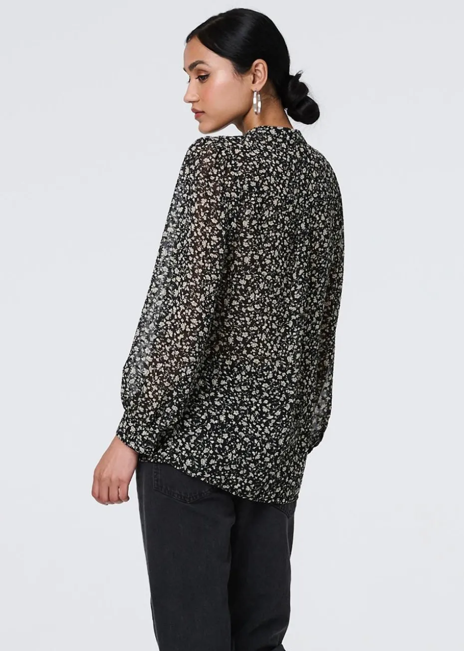 Izabel London Black Ditsy Floral Semi Sheer Long Sleeve Blouse