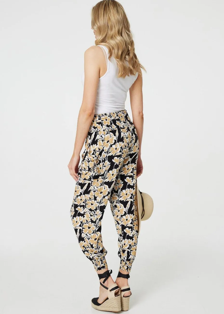Izabel London Black Floral Tassel Tie Pocket Harem Pants