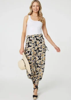 Izabel London Black Floral Tassel Tie Pocket Harem Pants