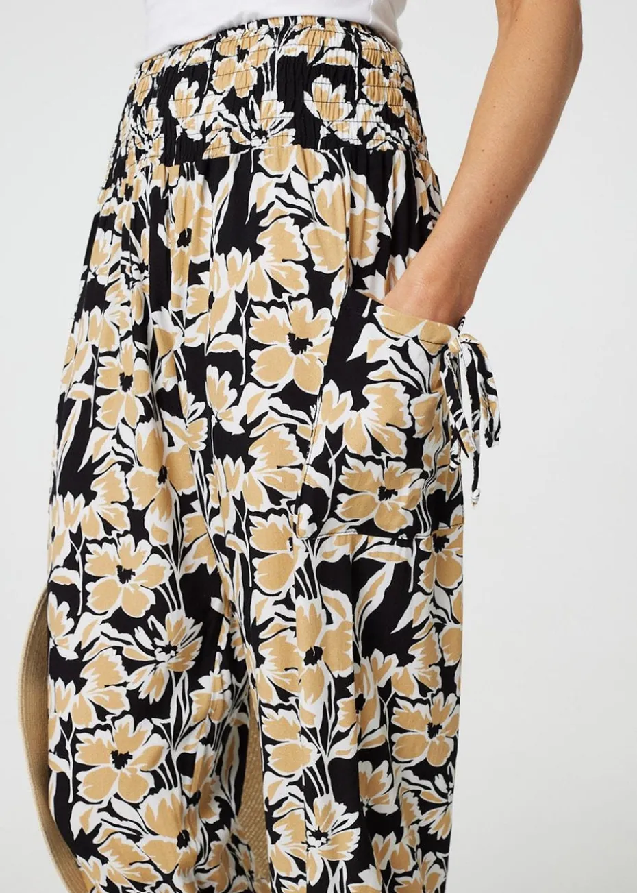 Izabel London Black Floral Tassel Tie Pocket Harem Pants