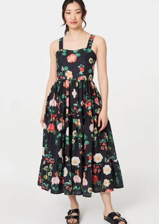 Izabel London Black Floral Sleeveless Skater Midi Dress