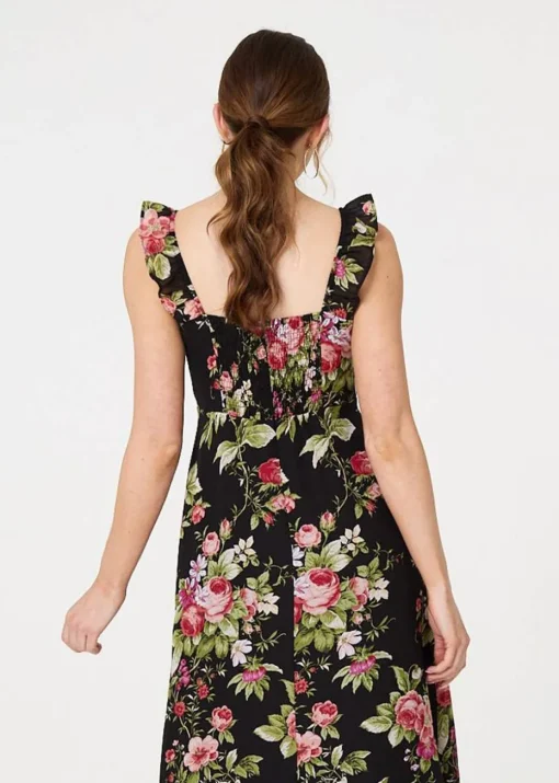 Izabel London Black Floral Frill Sleeveless A Line Midi Dress