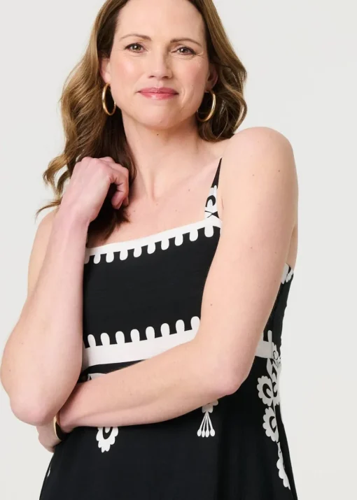 Izabel London Black Ikat Print Sleeveless A-Line Maxi Dress