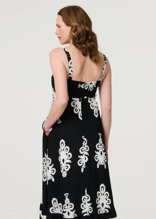 Izabel London Black Ikat Print Sleeveless A-Line Maxi Dress
