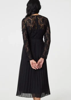 Izabel London Black Lace Trim Pleated Long Sleeve Midi Dress