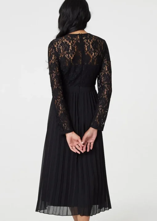 Izabel London Black Lace Trim Pleated Long Sleeve Midi Dress