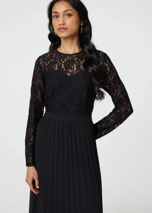Izabel London Black Lace Trim Pleated Long Sleeve Midi Dress