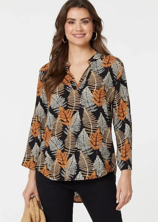 Izabel London Black Leaf Print Turn-Up Sleeve Blouse
