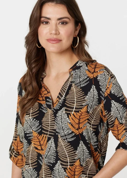 Izabel London Black Leaf Print Turn-Up Sleeve Blouse