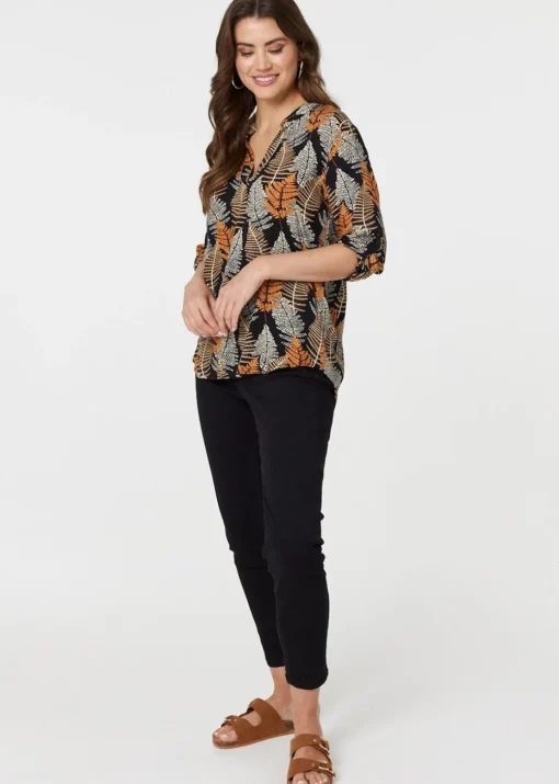 Izabel London Black Leaf Print Turn-Up Sleeve Blouse