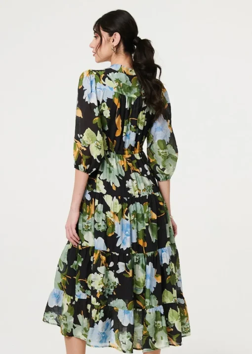 Izabel London Black Leaf Print 3/4 Sleeve Shirt Midi Dress