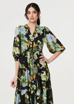 Izabel London Black Leaf Print 3/4 Sleeve Shirt Midi Dress