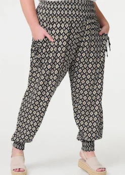 Izabel London Black Mosaic Print Shirred Harem Pants