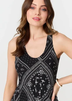 Izabel London Black Printed Sleeveless Relaxed Swing Dress