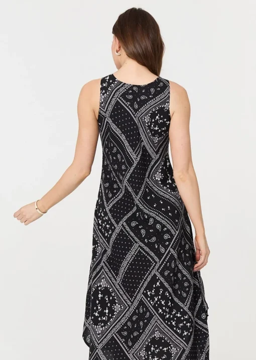Izabel London Black Printed Sleeveless Relaxed Swing Dress