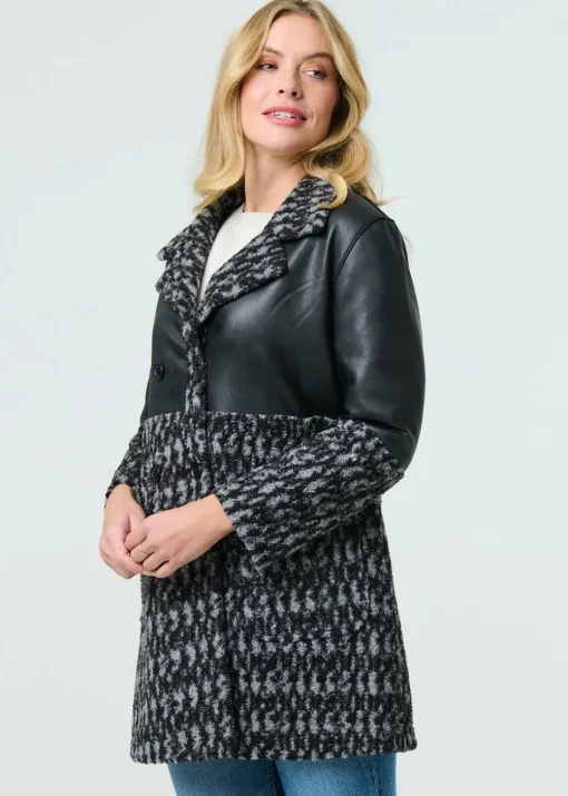 Izabel London Black Printed Faux Leather Trim Teddy Jacket
