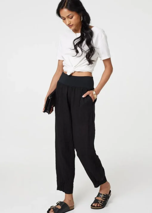 Izabel London Black Relaxed Linen Blend Tapered Trousers