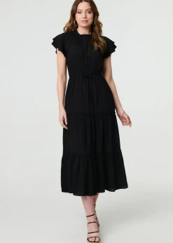 Izabel London Black Ruched Tiered Cap Sleeve Midi Dress