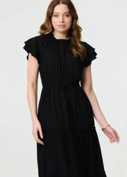 Izabel London Black Ruched Tiered Cap Sleeve Midi Dress