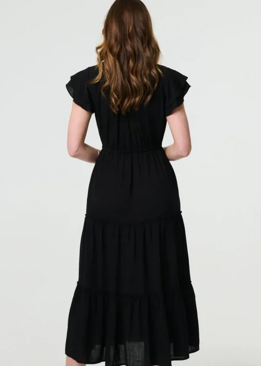 Izabel London Black Ruched Tiered Cap Sleeve Midi Dress