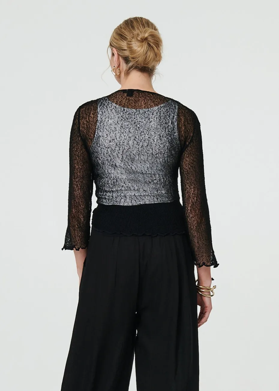 Izabel London Black Sheer 3/4 Sleeve Open Front Cardigan