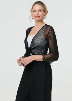 Izabel London Black Sheer 3/4 Sleeve Open Front Cardigan