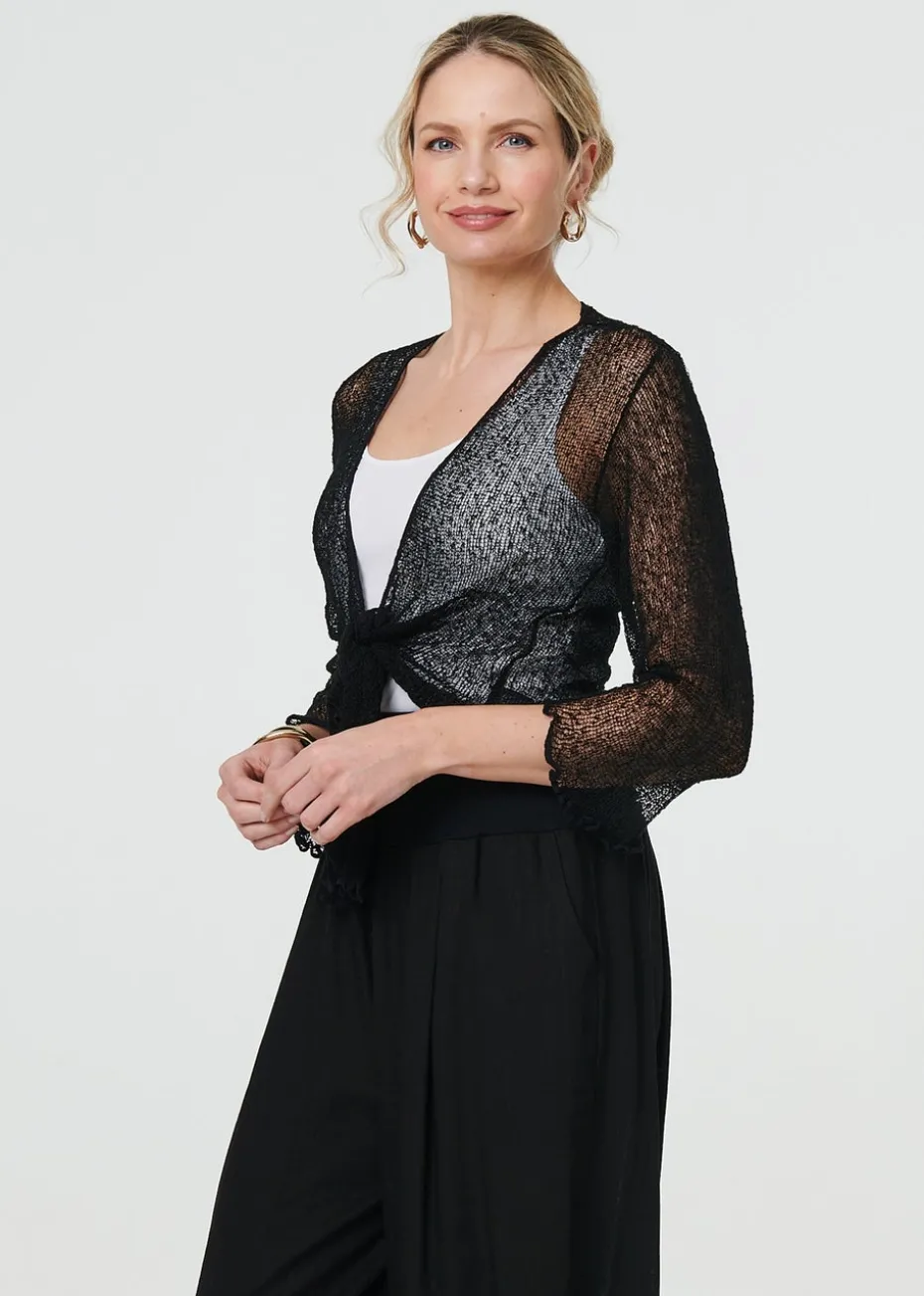 Izabel London Black Sheer 3/4 Sleeve Open Front Cardigan